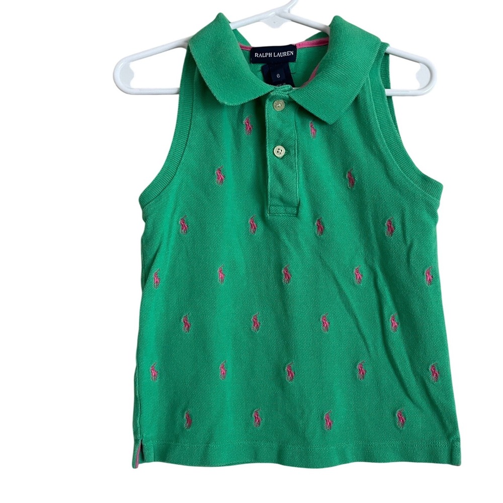 VTG Y2K Ralph Lauren Kids Green Pink all‎ Pony Logo Sleeveless Polo Shirt 6 Prep